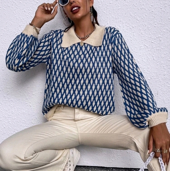 Argyle Pattern Lantern Sleeve Sweater - Picture 5 of 6